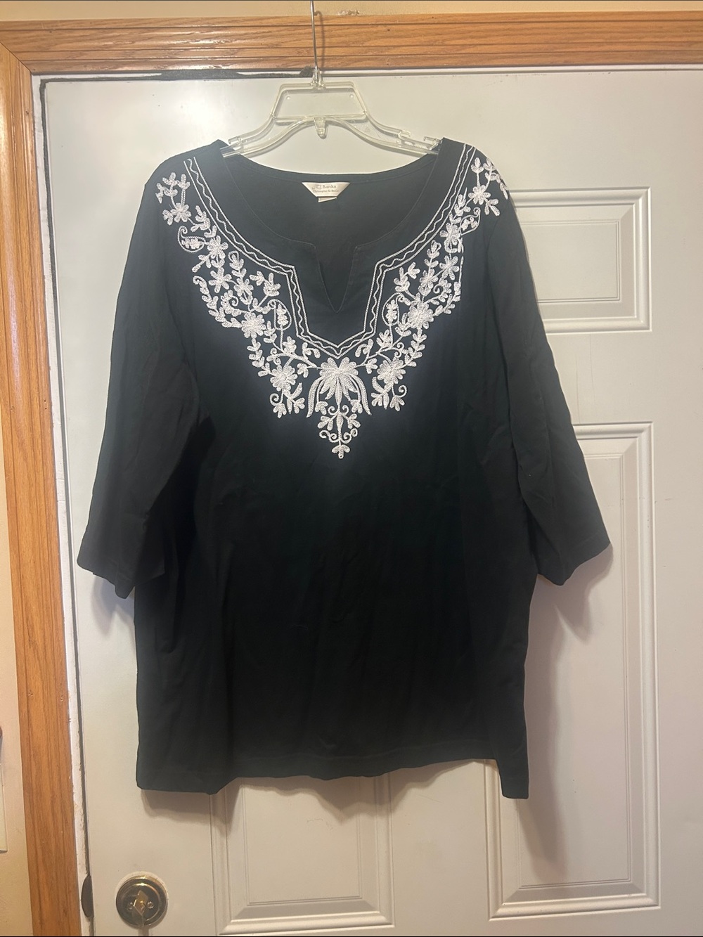 Embroidered V-Neck Black Women's Top 2X